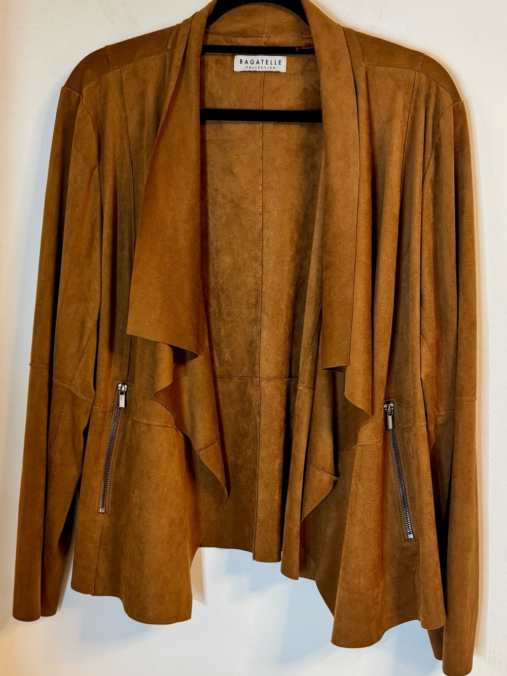 bagatelle Open-Front Suede Draped Jacket in Cognac Brown